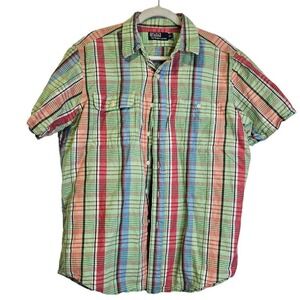 Polo Ralph Lauren L Green Plaid Short Sleeve Button Up Shirt Preppy Cotton Linen